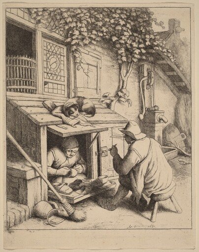 Smoker on a Stool Conversing with a Cobbler at Work