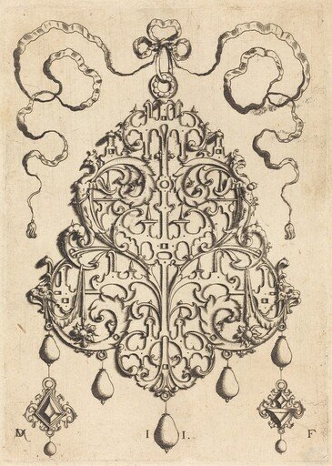 Large Strapwork Pendant with Two Hangers as Earrings at Left and Right
