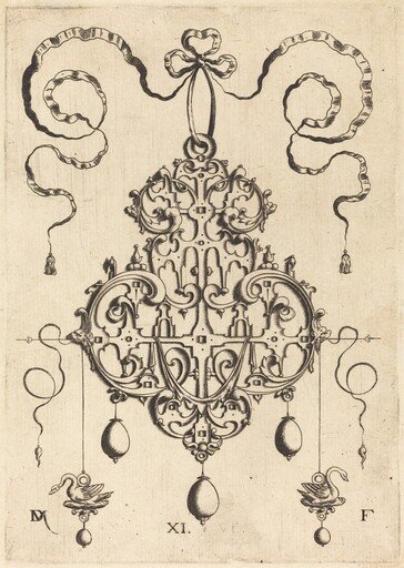 Strapwork Pendant with Two Swans as Earrings at Left and Right