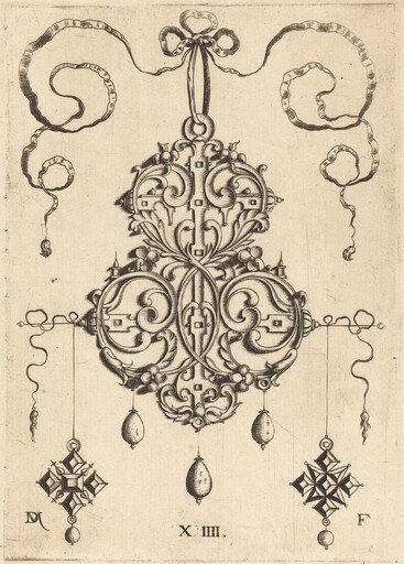 Strapwork Pendant with Three Drops and Two Cross-Shaped Pendants as Earrings at Left and Right