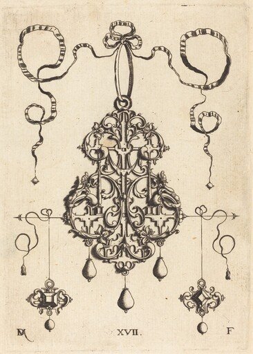 Strapwork Pendant with Two Square Tablestonesas Earrings at Left and Right