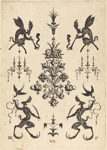 Brooch with Winged Fauns Blowing Trumpets at Top and Fantasy Creatures with Birds at Bottom