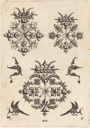 Three Brooches with Fantasy Birds at Left, Right, and Bottom