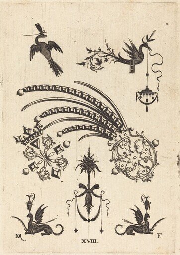 Two Brooches with Bird and Winged Snake at Top and Griffins with Vases at Bottom
