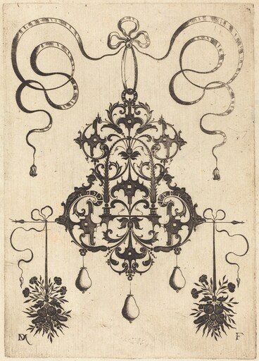 Large Pendant, Lower Left and Right Two Bunches of Grass, Flowers, and Fruit