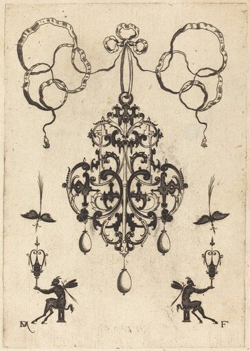 Large Pendant, Lower Left and Right Two Winged "Devils" Sitting on Pedestals