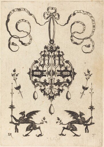 Large Pendant, Lower Left and Right Two Griffins Carrying Fantasy Candlesticks