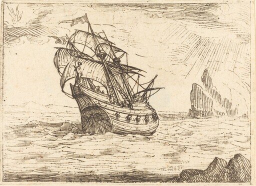 Ship Navigating Near Rocks