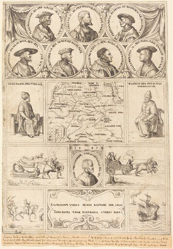 Map of Eastern Europe with portraits of Sigismund von Herberstein, Emperor Charles V, Emperor Maximilian I, Ferdinand of Hungary, Ludwig II of Hungary, Sigismund I of Poland, Sigismund II of Poland, Christian II of Denmark, Suleiman the Magnificent and Vasili III, Grand Prince of Moscow, and vignettes showing four journeys made by Herberstein