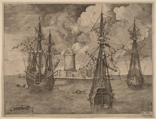 Four-Master (Left) and Two Three-Masters Anchored near a Fortified Island with a Lighthouse