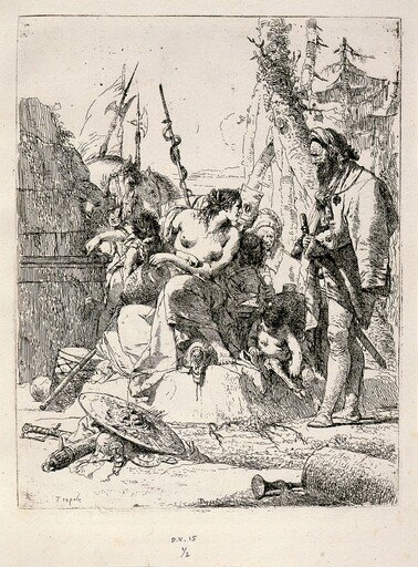 Seated Woman and Standing Man Surrounded by Other Figures and Paraphernalia