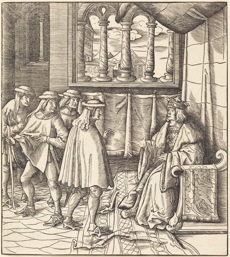 A King on a Throne, before him Four Men