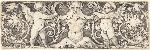Ornament with Male Half Figure Between Two Genii