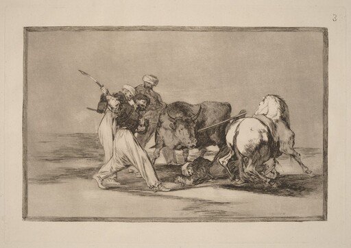 Los moros establecidos en Espana, prescindiendo de las supersticiones de su Alcoran, adoptaron esta caza y arte, y lancean un toro en el campo  (The Moors Settled in Spain, Giving up the Superstitions of the Koran, Adopted This Art of Hunting, and Spear a Bull in the Open)