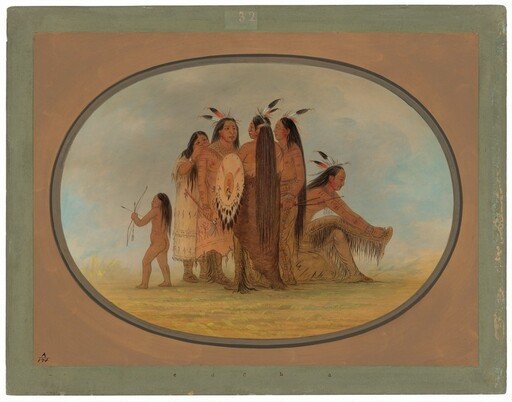 Four Mandan Warriors, a Girl, and a Boy