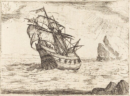 Ship Navigating Near Rocks