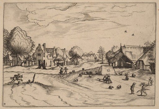 Country Village with Sheep and Sitting Shepherd