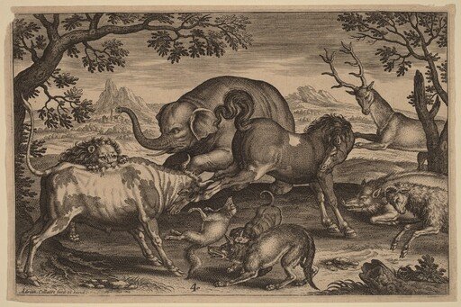 Lion, Bull, Fox, Wolf, Dog, Boar, Goat, Horse, Elephant and Deer