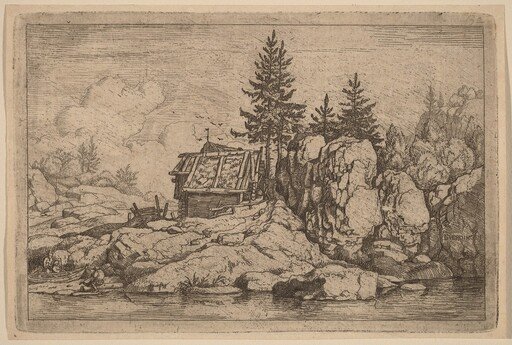 Two Fir Trees near Cottages