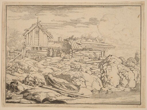 Boat at a River Bank with Three Goats
