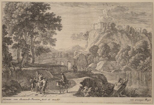 Travelers on Road to Left of a Stream