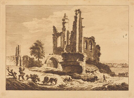 Ruined Abbey with Cattle and a Man Chopping Wood