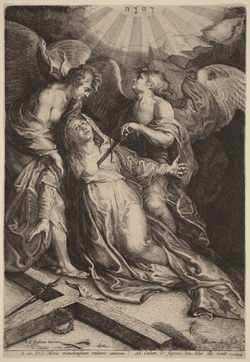 Mater Dolorosa Kneeling, Supported by Two Angels