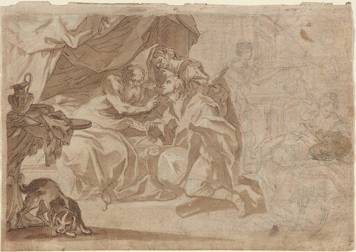 Jacob and Rebecca before Isaac [recto]