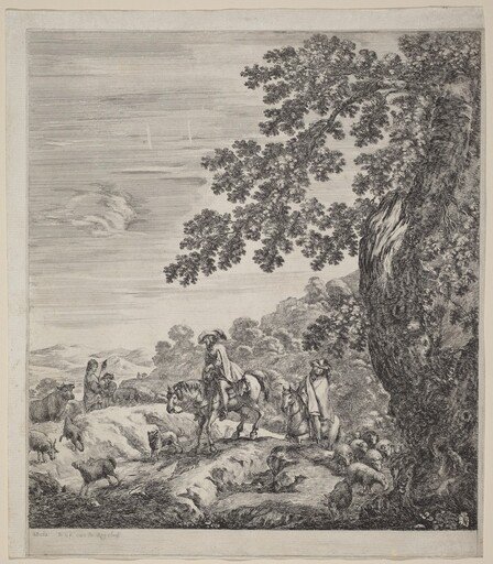 Two Riders Passing Near a Herd of Animals