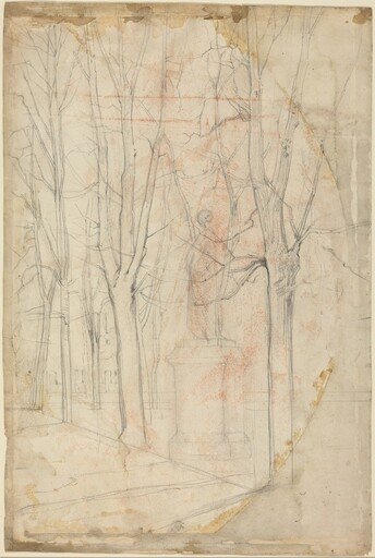 Sketch of Trees with a Statue on a Pedestal
