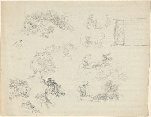 Studies of Crowing Rooster and Reclining Figures [recto and verso]