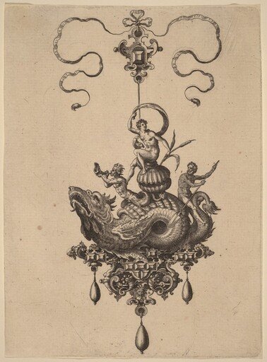 Design for a Pendant with Sea-Monster Carrying a Woman on a Shell Flanked by a Triton and a Man with an Oar