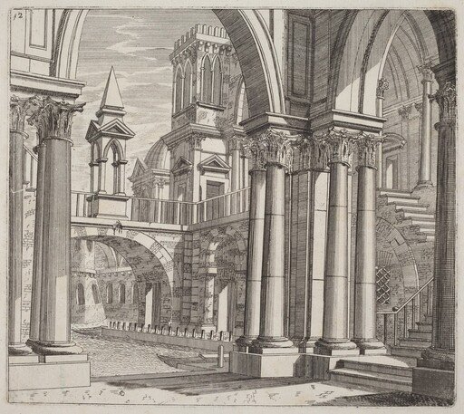 Architectural Fantasy with Buildings, Stairways, and Portals beside a Canal