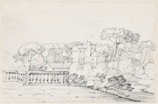 Terrace by a River with a Villa and Trees Beyond