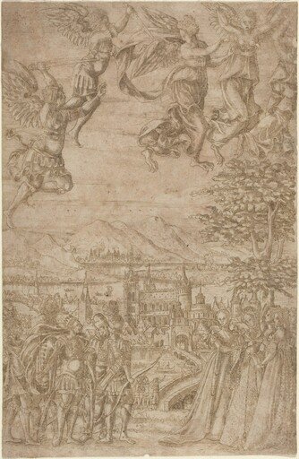 A King and His Retinue Confronting Ladies under a Celestial Battle