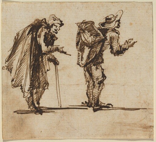 An Old Man with a Cape and a Rustic with a Backpack