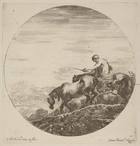 Shepherd on a Horse Driving a Herd of Various Animals