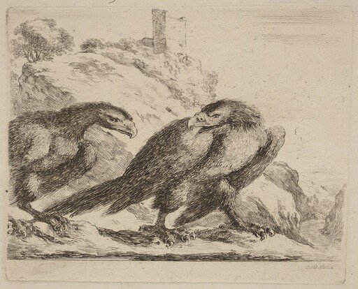 Two Eagles with Tower in Background