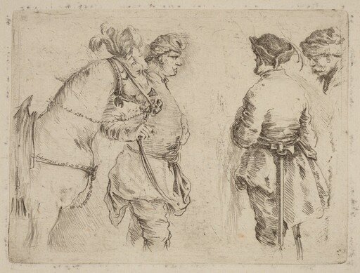 Pole Holding the Bridle of a Horse while Speaking with Two Other Men