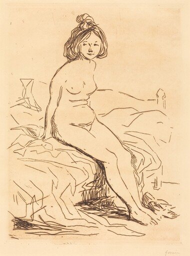 Femme nue, assise sur son lit, de face (Nude Woman, Seated on Her Bed, Front View)