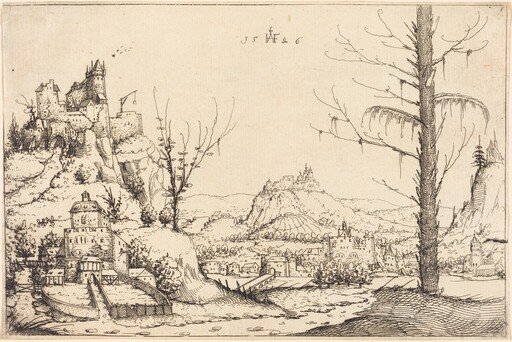 Landscape with High Cliffs, River, and City