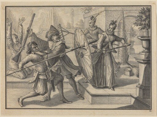 Pantaloon and the Doctor Fighting with Columbine and Brigatella in the Garden