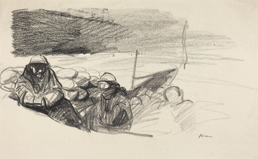 a) Two Soldiers in a Trench (recto); b) Interior with Figures Seated Behind Table (verso)
