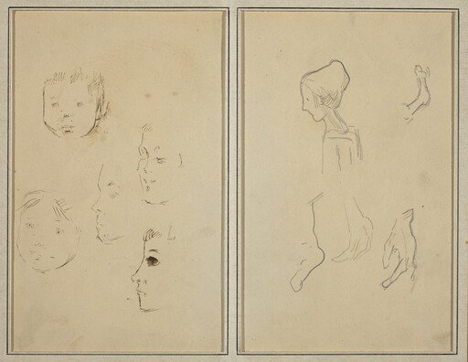 Five Studies of Heads; A Boy in Profile with Studies of Hands and Feet [verso]