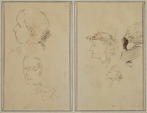 Two Head Studies and a Crouching Nude Woman; Two Women's Heads and a Head of Child [recto]