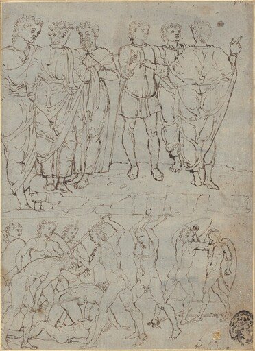 Six Conversing Men and Ten Battling Nudes