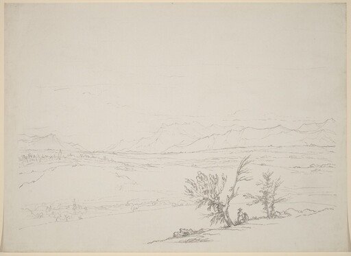 An Alpine Landscape with a Couple Seated by Trees Overlooking a Valley