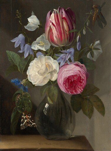 Roses and a Tulip in a Glass Vase