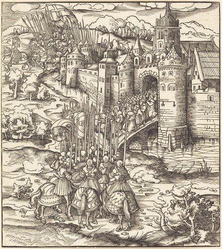 Various Men Kneeling on a Bridge in front of a Town