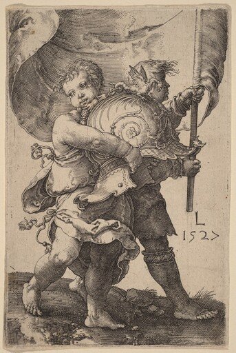Two Boys with a Helmet and a Standard